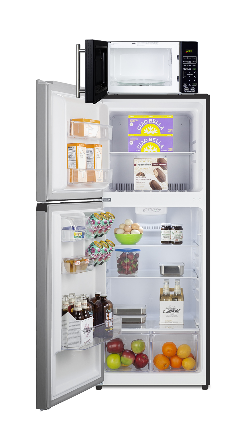 Frost-free 10.1 cu.ft. refrigerator-freezer and compact microwave in black with allocator and USB ports for 1-plug operation; ships in three boxes on one pallet